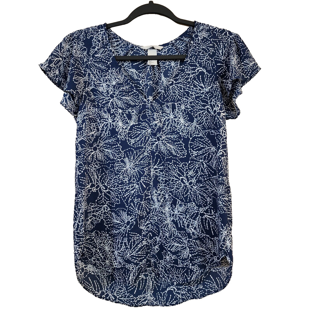 H&M Womens Blouse Size 2 Blue Chiffon Flutter Sleeve V-Neck Pullover Tunic Top